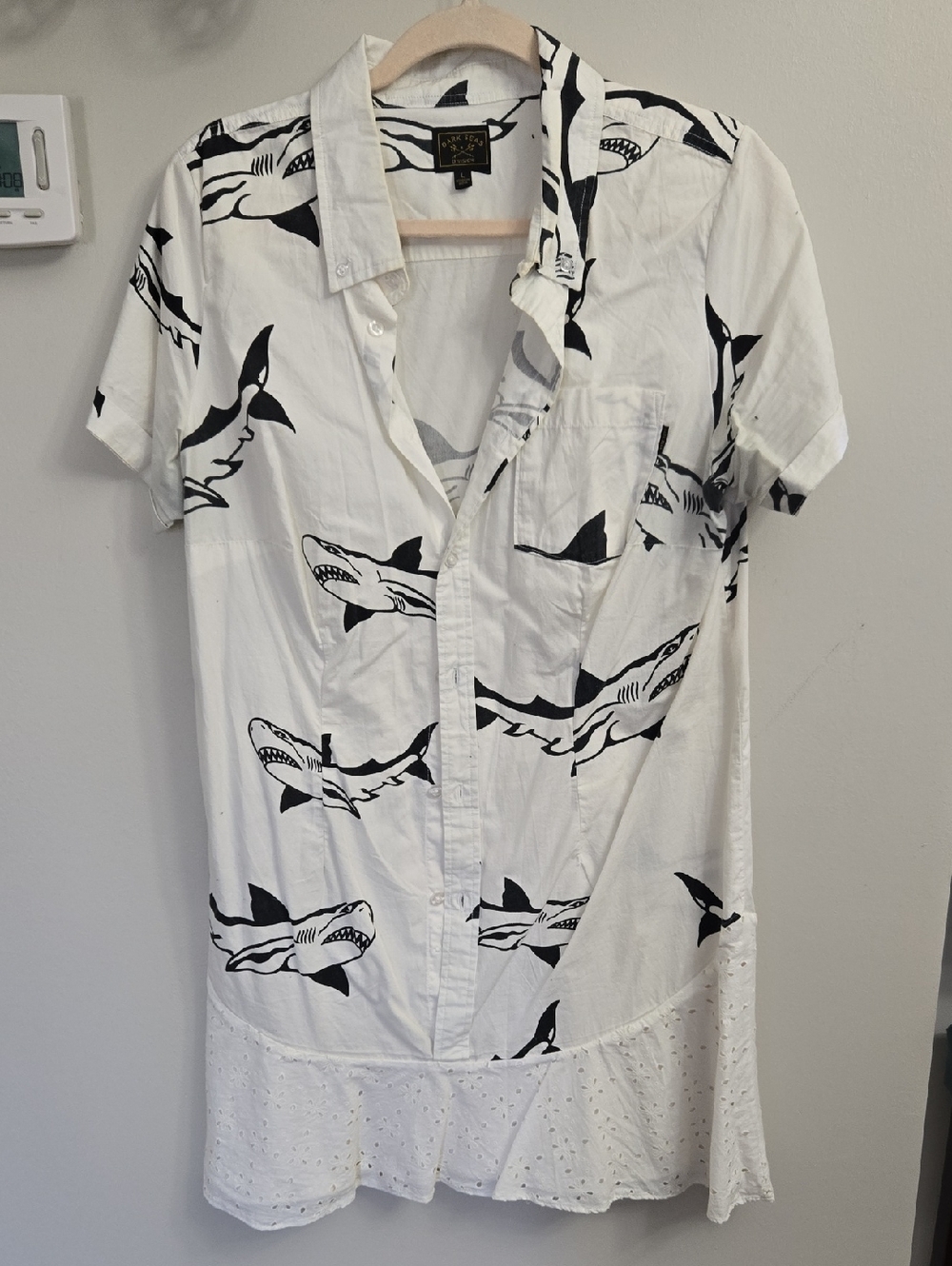 Men's White Short-Sleeve Shark Print Button-Up Shirt Converted Into Ruffle Dress